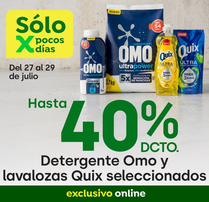 Bombazo excl ecomm - Unilever - Detergente Omo y Lavalozas Quiz Seleccionados hasta 40% dcto  - 27-07-2026 al 29-07-2026