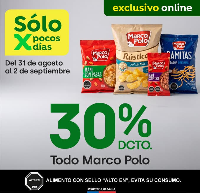 Bombazo excl ecomm - Todo Marco Polo 30% dcto. - 31-08-yyyy al 02-09-yyyy