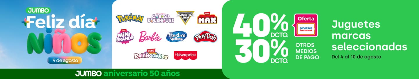 Especial - 40%/30% JUGUETERIA MARCAS SELECCIONADAS (GABBYS DOLL HOUSE, MONSTER JAM, POKEMON, PISTAS HOW WHEELS, BARBIE, FISHER PRICE, PLAY DOH, JUEGOS HASBRO, MINIBRANDS, RAINBOCORNS, MAX) - 04-08-2026 al 10-08-2026