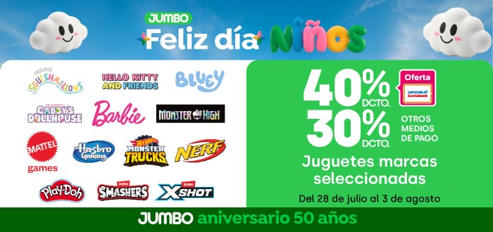 Especial - 40%/30% JUGUETERIA MARCAS SELECCIONADAS (SQUISHMALLOW, HELLO KITTY, BLUEY, GABBYS DOLL HOUSE, BARBIE, MONSTER HIGH, JUEGOS MATTEL, MONSTER TRUCK, NERF, PLAYDOH, JUEGOS HASBRO, SMASHERS, XSHOT) - 28-07-2026 al 03-08-2026