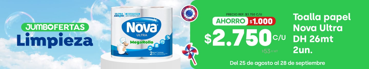 Especial - Toalla de papel Nova Ultra DH 26m 2un. $2.750 / Precio ref: $3.750 (ahorro: $1.000) / PPUM: $53xm - 24-08-yyyy al 28-09-yyyy
