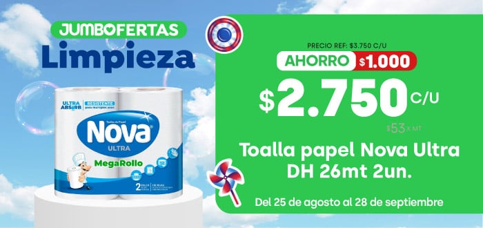 Especial - Toalla de papel Nova Ultra DH 26m 2un. $2.750 / Precio ref: $3.750 (ahorro: $1.000) / PPUM: $53xm - 24-08-yyyy al 28-09-yyyy
