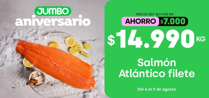Ciclos - Salmón Atlántico filete (salmón salar) $14.990kg / Precio ref: $21.990kg (ahorro: $7.000) - 06-08-2026 al 09-08-2026