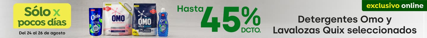 Bombazo excl ecomm - UNILEVER - Detergentes Omo y Lavalozas Quix Seleccionados hasta 45% dcto - 24-08-2026 al 26-08-2026