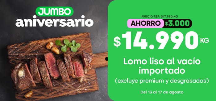 Ciclos - Lomo liso al vacío importado (excluye premium y desgrasados) $14.990kg / Precio ref: $17.990 (ahorro: $3.000) - 13-08-2026 al 17-08-2026