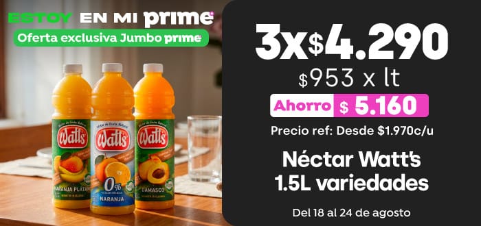Prime - Néctar Watt's variedades 1.5L 3x$4.290 // Pref: desde $1.990 c/u / PPUM $953 x lt - 18-08-2026 al 24-08-2026
