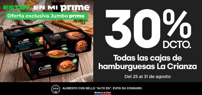Prime - Todas las cajas de hamburguesa La crianza 30%dcto. - 25-08-2026 al 31-08-2026