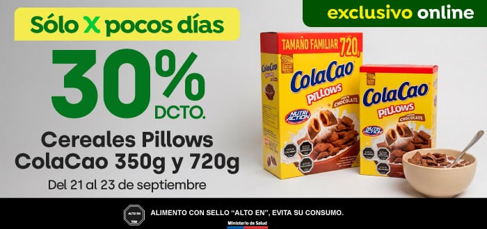 Bombazo excl ecomm - ICB - Cereales Pillows ColaCao 350gr y 720gr 30% descto - 21-09-2026 al 23-09-2026