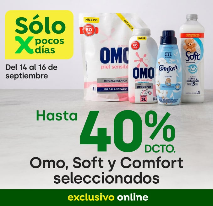 Bombazo excl ecomm - UNILEVER - Omo, Soft, Comfort Seleccionados hasta 40% dcto - 14-09-yyyy al 16-09-yyyy
