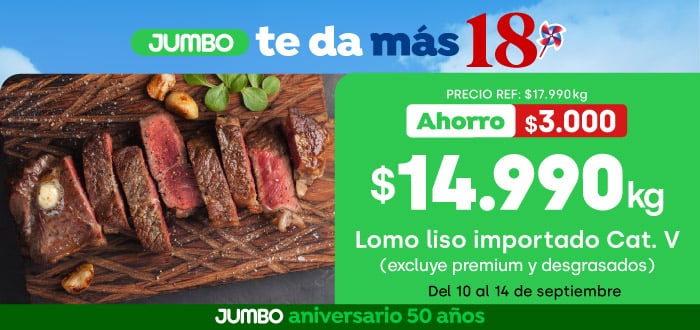 Ciclos - Lomo liso al vacío importado cat v (excluye cortes premium y desgrasados) $14.990 kg // Precio ref. $17.990 kg - ppum $14.990 kg - 10-09-2026 al 14-09-2026