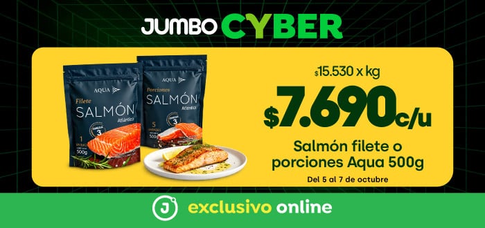 Cyber - $7690 SALMON FILETE O PORCIONES AQUA 500 G / PRECIO REF: $11.990 - 06-10-yyyy al 07-10-yyyy