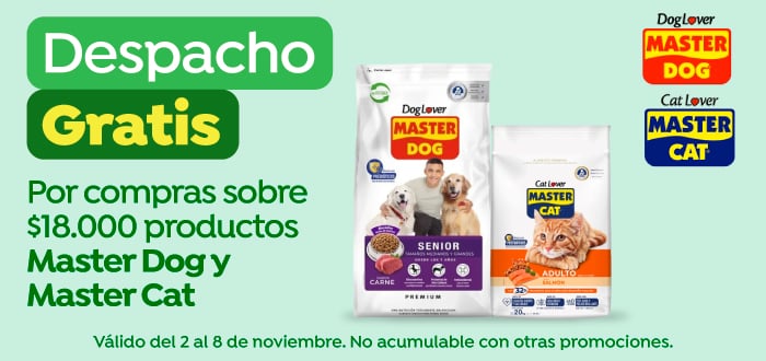 Dsp gratis - CAROZZI - Por compras sobre $18.000 en productos Master Dog y Master Cat - 02-11-2026 al 08-11-2026
