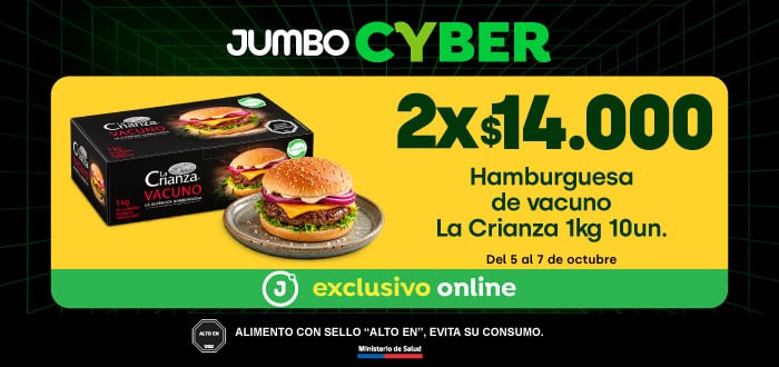 Cyber - Hamburguesa Vacuno La Crianza 1 kg 10 un A 2x $14.000 - 05-10-yyyy al 07-10-yyyy