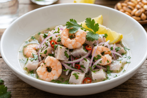 Ceviche de camarones y reineta
