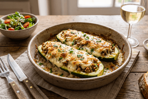 Zapallo italiano relleno con pavo y salsa blanca