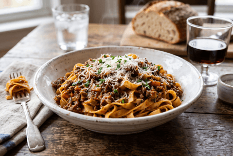Pasta con carne y Mi Sazón