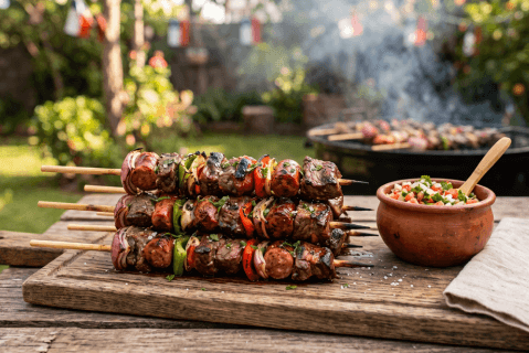 Anticuchos de carne y verduras con salsa pebre