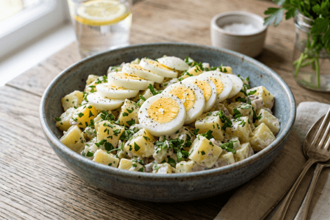 Ensalada de papas con perejil y huevo duro