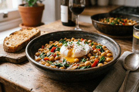Guiso de garbanzos con espinacas y huevo poché