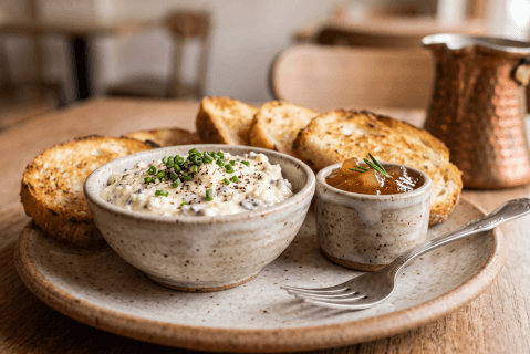Paté de queso azul con mermelada de peras